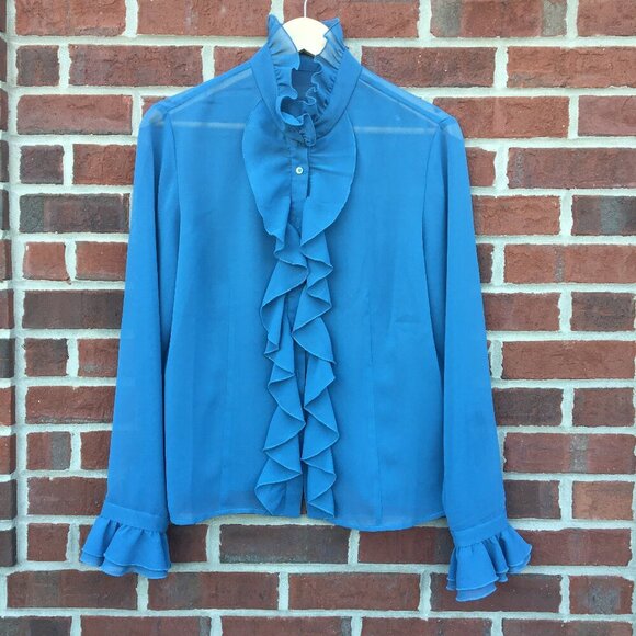 Sheer Feminine Blouse Teal Blue Medium Romantic Regal Ruffle - Picture 3 of 16